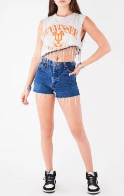 FURST OF A KIND ASYMMETRICAL RHINESTONE FRINGE SLEEVELESS CROP TEE