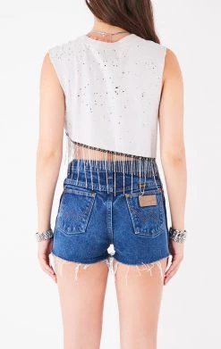 FURST OF A KIND ASYMMETRICAL RHINESTONE FRINGE SLEEVELESS CROP TEE