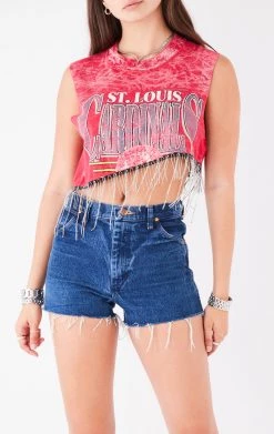 FURST OF A KIND ASYMMETRICAL RHINESTONE FRINGE SLEEVELESS CROP TEE
