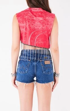 FURST OF A KIND ASYMMETRICAL RHINESTONE FRINGE SLEEVELESS CROP TEE