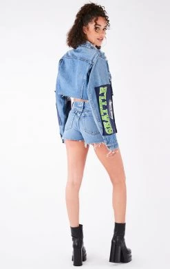 FURST OF A KIND VINTAGE JERSEY PATCHWORK STUDDED CROPPED DENIM JACKET