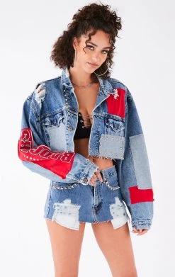 FURST OF A KIND VINTAGE DENIM JACKETS VINTAGE PATCHWORK STUDDED CROPPED DENIM JACKET