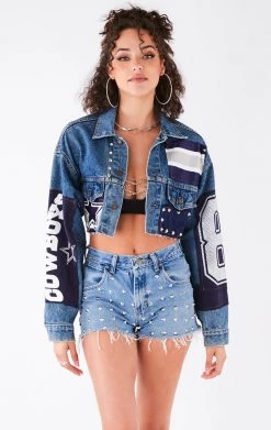FURST OF A KIND VINTAGE JERSEY PATCHWORK STUDDED CROPPED DENIM JACKET VINTAGE DENIM JACKETS