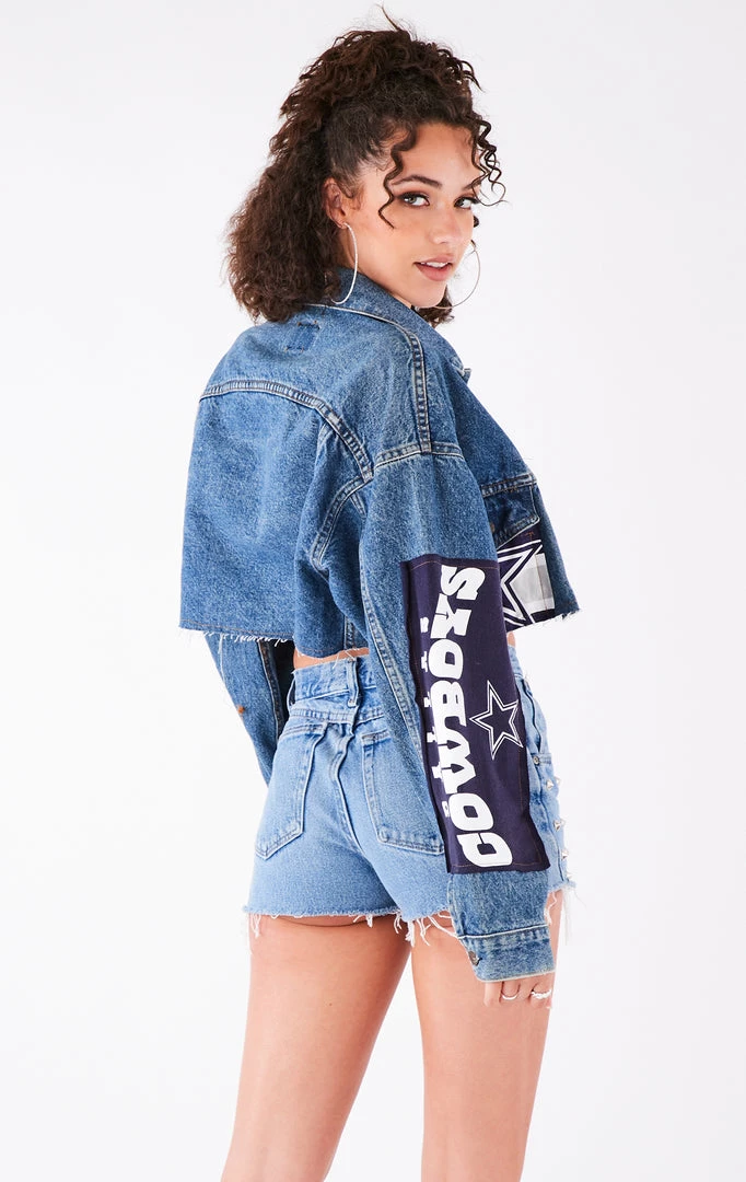FURST OF A KIND VINTAGE JERSEY PATCHWORK STUDDED CROPPED DENIM JACKET VINTAGE DENIM JACKETS 6 FURST OF A KIND VINTAGE JERSEY PATCHWORK STUDDED CROPPED DENIM JACKET VINTAGE DENIM JACKETS