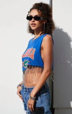 FURST OF A KIND ASYMMETRICAL RHINESTONE FRINGE SLEEVELESS CROP TEE VINTAGE RHINESTONE FRINGE