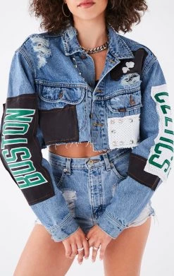 FURST OF A KIND VINTAGE JERSEY PATCHWORK STUDDED CROPPED DENIM JACKET