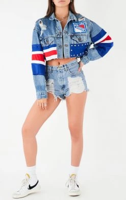 FURST OF A KIND VINTAGE JERSEY PATCHWORK STUDDED CROPPED DENIM JACKET VINTAGE DENIM JACKETS
