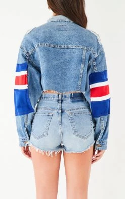 FURST OF A KIND VINTAGE JERSEY PATCHWORK STUDDED CROPPED DENIM JACKET VINTAGE DENIM JACKETS