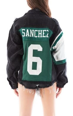 FURST OF A KIND VINTAGE JERSEY SLEEVE AND BACK INSERT DENIM JACKET