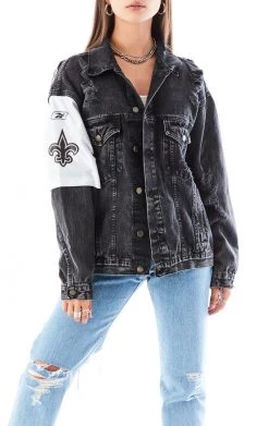 FURST OF A KIND VINTAGE JERSEY SLEEVE AND BACK INSERT DENIM JACKET