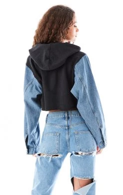 FURST OF A KIND VINTAGE SPLICED DENIM JACKET ZIP UP HOODIE