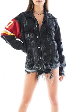 FURST OF A KIND VINTAGE JERSEY SLEEVE AND BACK INSERT DENIM JACKET VINTAGE DENIM JACKETS