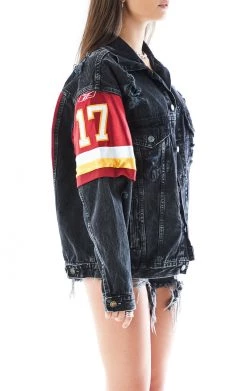 FURST OF A KIND VINTAGE JERSEY SLEEVE AND BACK INSERT DENIM JACKET VINTAGE DENIM JACKETS