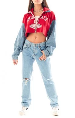 FURST OF A KIND VINTAGE SPLICED DENIM JACKET ZIP UP HOODIE