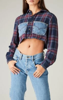 FURST OF A KIND SALE VINTAGE CROPPED PLAID SHIRT WITH DENIM POCKETS