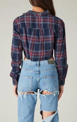 FURST OF A KIND SALE VINTAGE CROPPED PLAID SHIRT WITH DENIM POCKETS