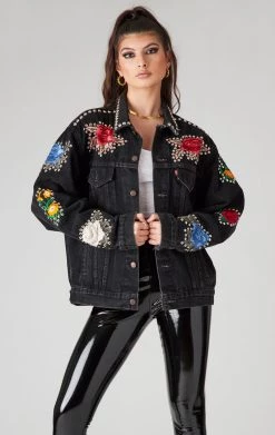 FURST OF A KIND VINTAGE FLORAL APPLIQUE STUDDED DENIM JACKET