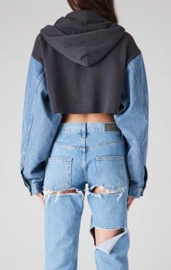 FURST OF A KIND VINTAGE SPLICED DENIM JACKET ZIP UP HOODIE VINTAGE DENIM JACKETS